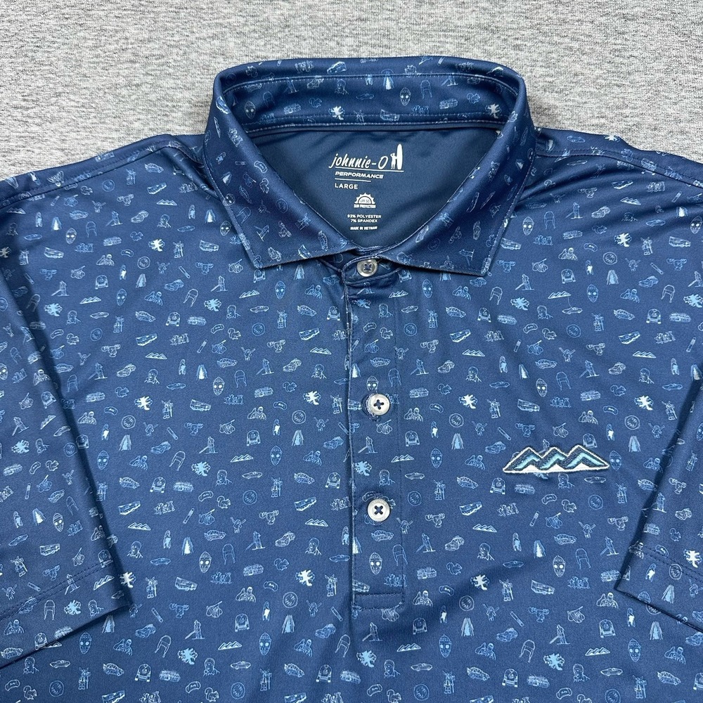 Johnnie-O Polo Shirt Mens Large Blue Desert Vacay All Over Performance Golf